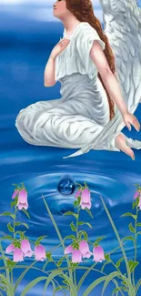 Wallpaper featuring angel over blue ripples with flowers.