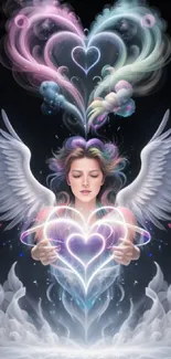 Ethereal angel with wings and colorful hearts in a heavenly mobile wallpaper scene.