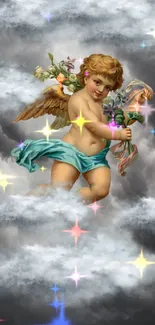 Cherubic angel in clouds with stars wallpaper.