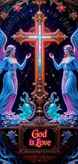 Ethereal angels surrounding a celestial cross with vibrant colors.