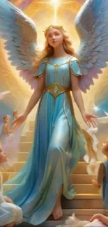 Portrayal of a heavenly angel in golden light with children.