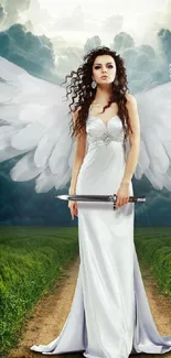 Woman with angel wings in nature against a stormy sky.