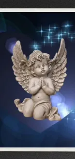 Charming angel statue with wings in glowing blue light and sparkling stars.