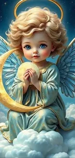 Angelic child with wings sitting on cloud with moon.
