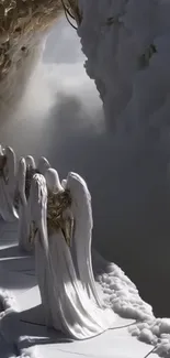 Ethereal angels along a heavenly snow-covered path.