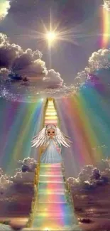 Angel on a rainbow staircase in the clouds with a celestial glow.