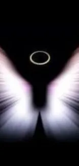 Ethereal angel wings with halo on a black background.