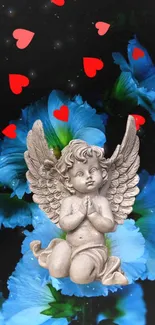 Angel statue with blue flowers and hearts on a black background.