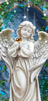 Angel statue with heart and vine background.