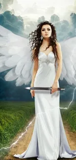 Angel with white wings and a sword, set against a stormy sky.