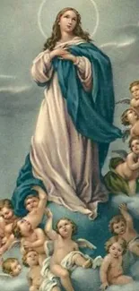 Angelic figure with surrounding cherubs in heavenly setting.