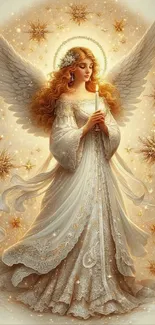 Angelic figure surrounded by heavenly glow and golden stars.