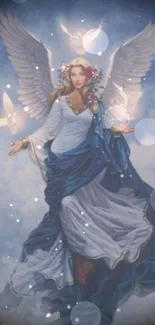 Serene angel in flowing robes with doves in a cloudy sky background.