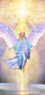 Angelic figure in radiant heavenly light with blue and purple wings.