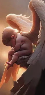 A peaceful baby angel resting on wings, bathed in soft divine light.