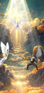 Two angelic figures duel amid heavenly clouds and light.