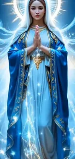 Blue-robed angelic figure radiates celestial light.