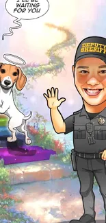 Cartoon sheriff with dog at rainbow bridge scene.