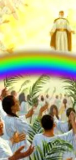 Ethereal gathering with rainbow and divine scene.