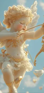A cherub angel in light blue sky holding a golden bow.