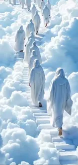 Heavenly path through clouds with figures ascending.