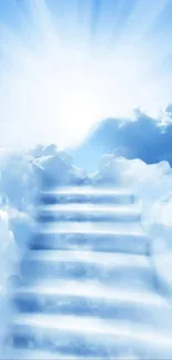 Heavenly staircase ascending through soft white clouds into a radiant blue sky.