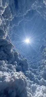 Tunnel of clouds with radiant sky light.