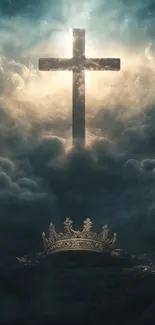 Celestial cross and crown in cloudy sky wallpaper.