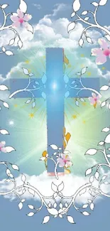 Heavenly cross with floral design on a cloudy sky background.