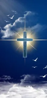 Glowing cross in blue sky with doves and clouds.