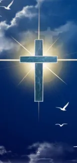 Spiritual cross in a blue sky with white birds, perfect for mobile wallpaper.