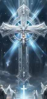 Celestial cross with angels in luminous setting.