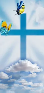 Sky blue wallpaper with cross, clouds, and butterflies.