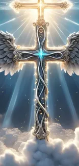 Ornate cross with angel wings in a heavenly sky.