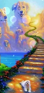 Fantasy wallpaper with dogs in clouds and a stairway path.