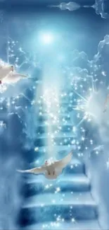 Ethereal mobile wallpaper with heavenly doves and mystical stairs in a blue ambiance.