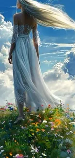 Dreamlike art of a woman on a floral hill with a sky background.