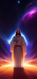 Heavenly figure in cosmic setting with vibrant celestial colors.