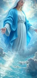 Heavenly figure in blue and white clouds.