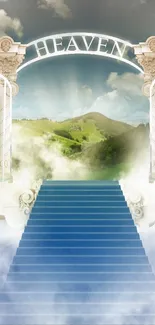 Heavenly gate with stairs amidst clouds in a serene sky.