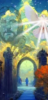 Mystical gateway amid clouds with a dove and vibrant colors in fantasy art style.