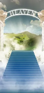 Heavenly gate with blue staircase and clouds, serene and ethereal scene.