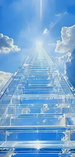 Glass stairway leading into a sky filled with clouds and sunlight.