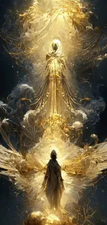 Celestial angel cloaked in ethereal golden light, surrounded by divine wings.