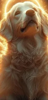 Angelic golden retriever with glowing halo and wings in ethereal portrait.