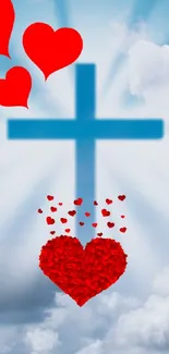 Sky with cross and hearts wallpaper, reflecting peace and spirituality.