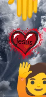 Heart with 'Jesus' amidst clouds and emoji in wallpaper.