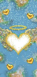 Mobile wallpaper with angel wings and gold heart.