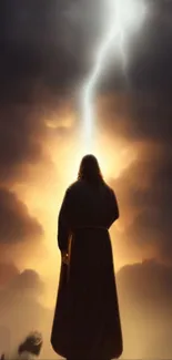 A silhouetted figure in robes under a celestial beam of light with dramatic clouds.