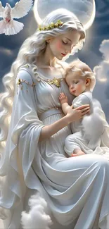 Ethereal mother and child in a celestial setting with white and blue hues.